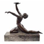 Art Deco style figural patinated bronze lamp base, modelled as a dancer holding what would have