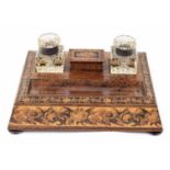 Victorian Tunbridge ware desk stand, with lidded box flanked by two square glass ink wells, having