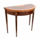 Sheraton style mahogany and satinwood inlaid demi lune foldover card table, the top with a paterae