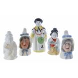 Three Royal Worcester porcelain candle snuffers; two of 'Mrs Caudle', 3" high, 'Geisha Girl' in