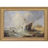 William Calcott Knell (1830-1880) - shipwreck scene with figures hauling in a boat, possibly a scene