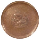 Newlyn circular copper charger, repousse decorated with fish, stamped Newlyn, 15.5" diameter