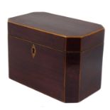 19th century mahogany tea caddy, of rectangular canted form, 7.5" wide, 4.5" deep, 5" high