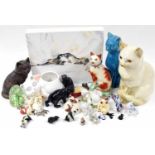 Collection of assorted porcelain and other cat related ornaments; also a modern oil painting