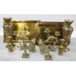 Mixed collection of Eastern and decorative brassware including a pair of turtle and crane twin-