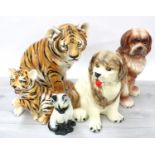 Large Italian pottery glazed model of a tiger cub, 17.5" high; together with a smaller tiger cub