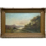 Andrew Wilson (19th century) - landscape scene with figures herding sheep on a p