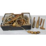 Interesting box of assorted antique treen tools including hammers and mallets, rope pulleys etc;