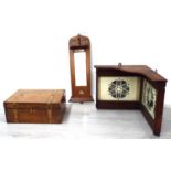 Victorian walnut parquetry inlaid sewing box, 12" wide; Art Nouveau narrow bevelled wall mirror/
