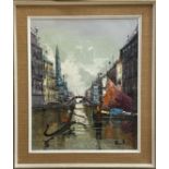 Continental School (20th century) - Venetian canal scene with gondola and fishing boats,