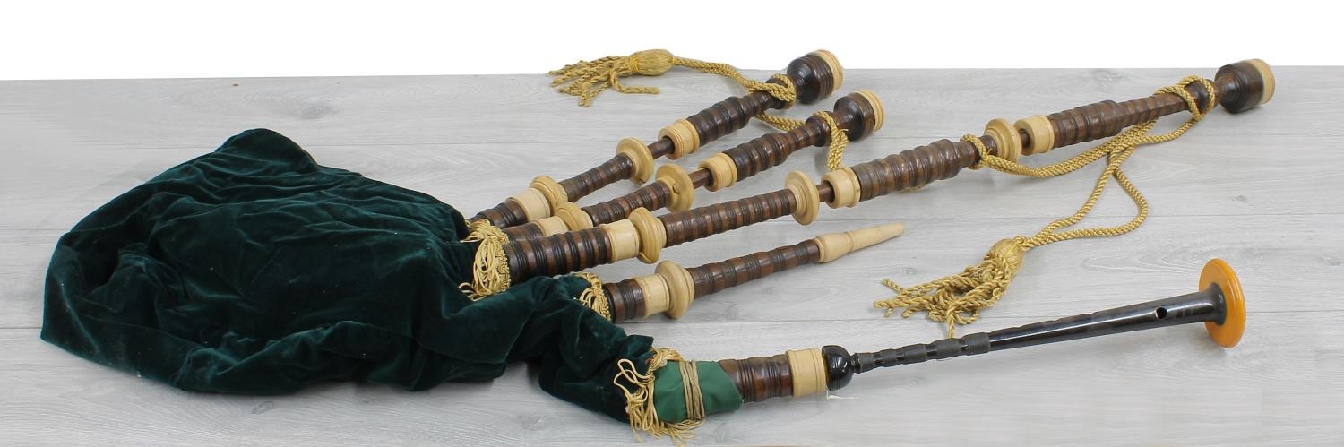 Contemporary set of Scottish wooden turned bagpipes within a wooden box, the box 24" x 9"