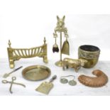 Mixed selection of brass and copper items including a fish copper jelly mould, fire companion set,