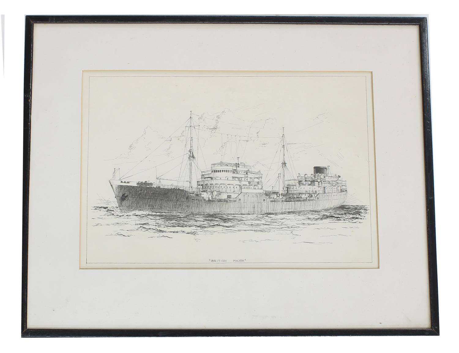 English School (c. 1900-1920) - 'British Major' a Merchant Vessel, pen and ink study, 9"x 11"