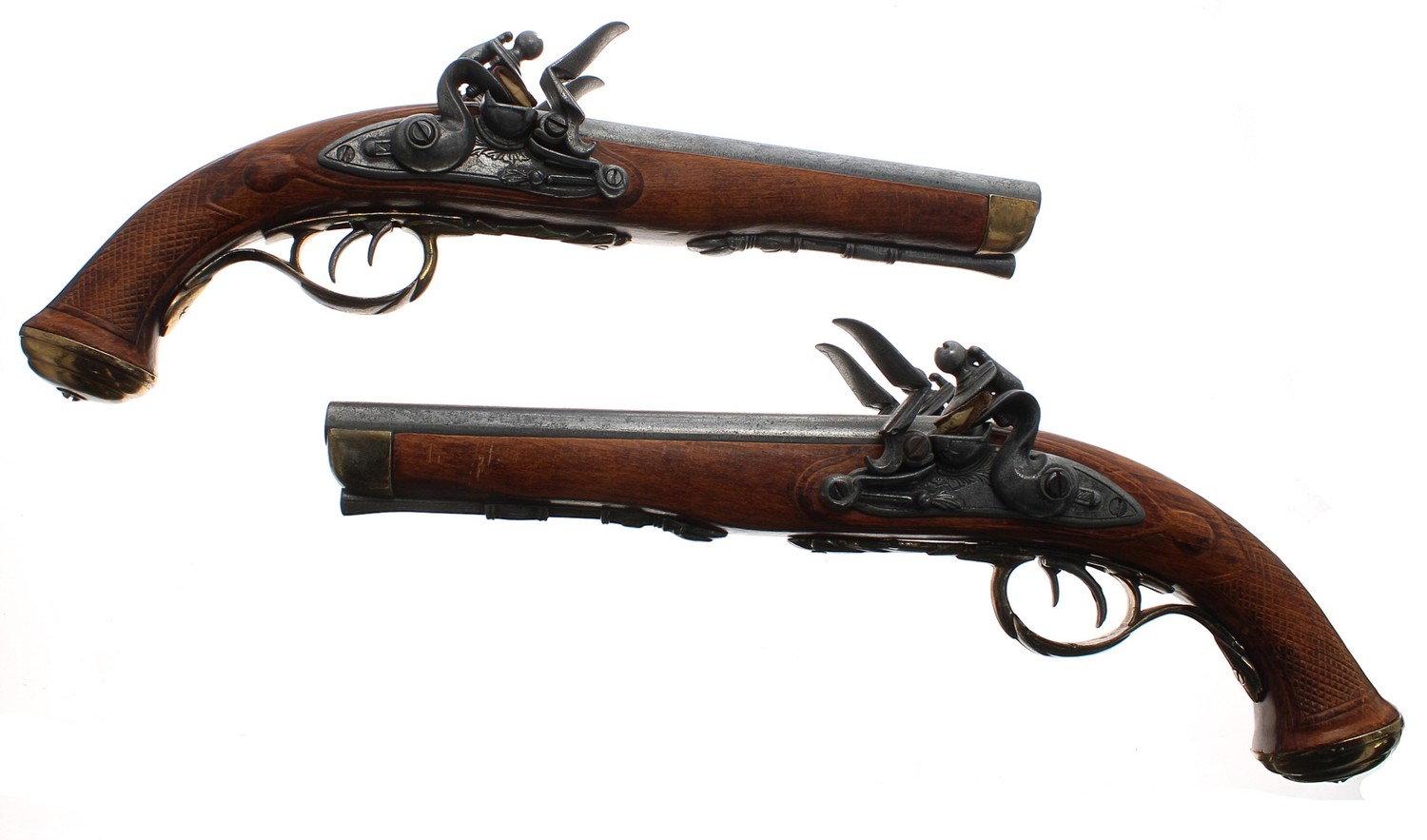 Pair of reproduction double barrel flintlock pistols, 14" long (2)