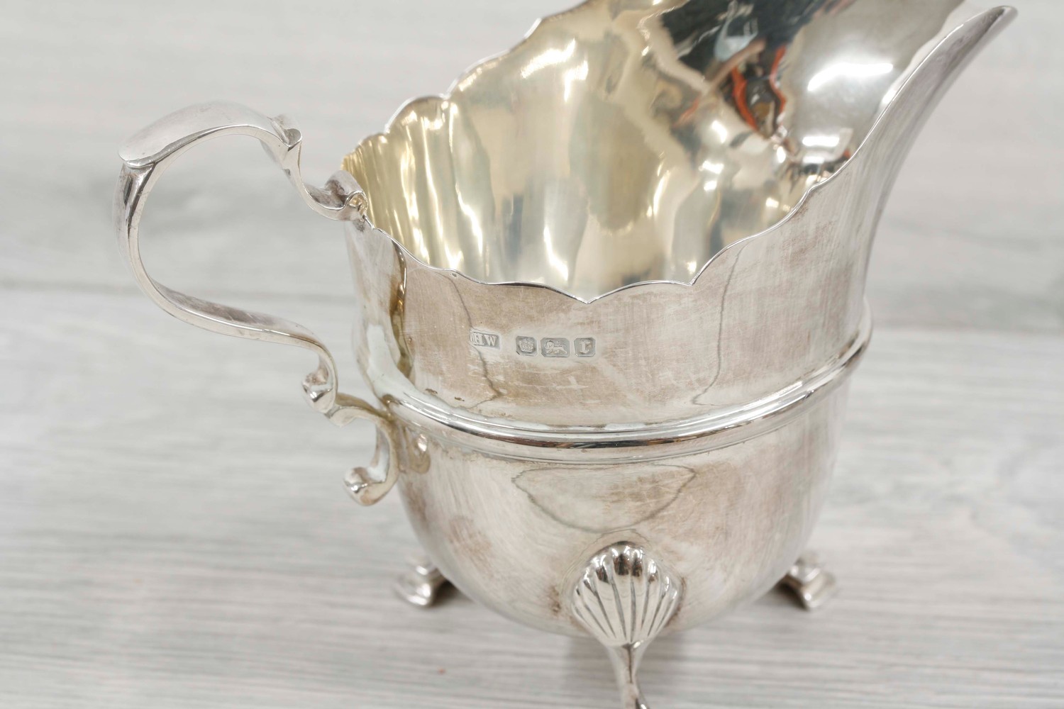 Edward VII three piece silver tea set, with card cut rims raised on hoof feet, the teapot 5" high, - Image 4 of 4