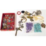 Selected assorted costume jewellery, including brooches, bead necklaces, earrings; also loose beads