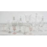 Assorted antique and later glassware; including four decanters, pedestal facet-cut vase and drinking