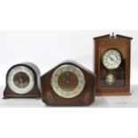 Smiths Enfield two train 1930s oak mantel clock, a 1930s oak three train mantel clock and a shelf
