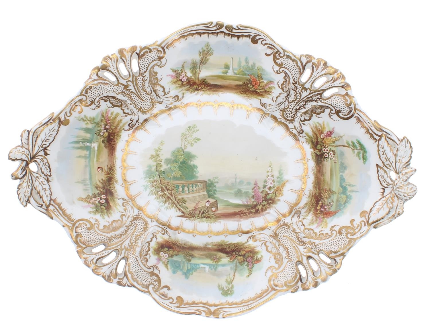 Coalport 19th century oval cabinet plate, painted centrally with a fisherman before a stately - Bild 2 aus 4