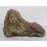 Weathered reconstituted flatback figure of a Chatsworth lion, 13" high, 21.5" long