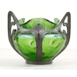 Art Nouveaux iridescent green glass vase in a stylised pewter mount by Van Houten, the vase with a