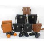 Collection of six pairs of cased binoculars including Simor, Ross, Omega and Regent