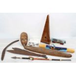 Small selection of African and ethnic musical instruments, African spear, tribal shield, mask and