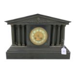 Edwardian black slate two train mantel clock in an architectural pediment case, 11.5" high
