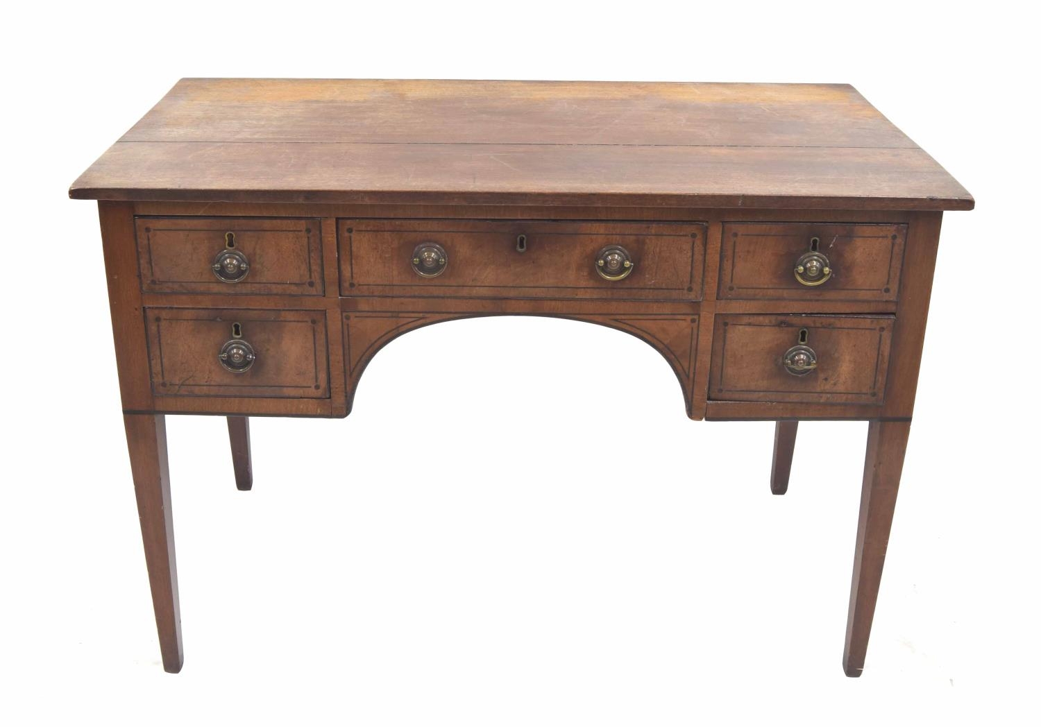 Regency mahogany kneehole writing desk, the top over one long drawer to the kneehole frieze