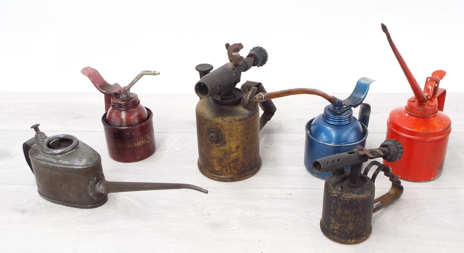 Vintage blowtorch lamp stamped 'GPO no. 21, 1955', 6.5" high; Bladon small blowtorch lamp and four