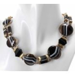 Attractive 19th century banded onyx and gold mounted choker necklace, 53.3gm, width 26mm, 15" long