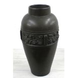 Large pottery bronze effect baluster vase, decorated in relief with a band of fruiting vine, stamp