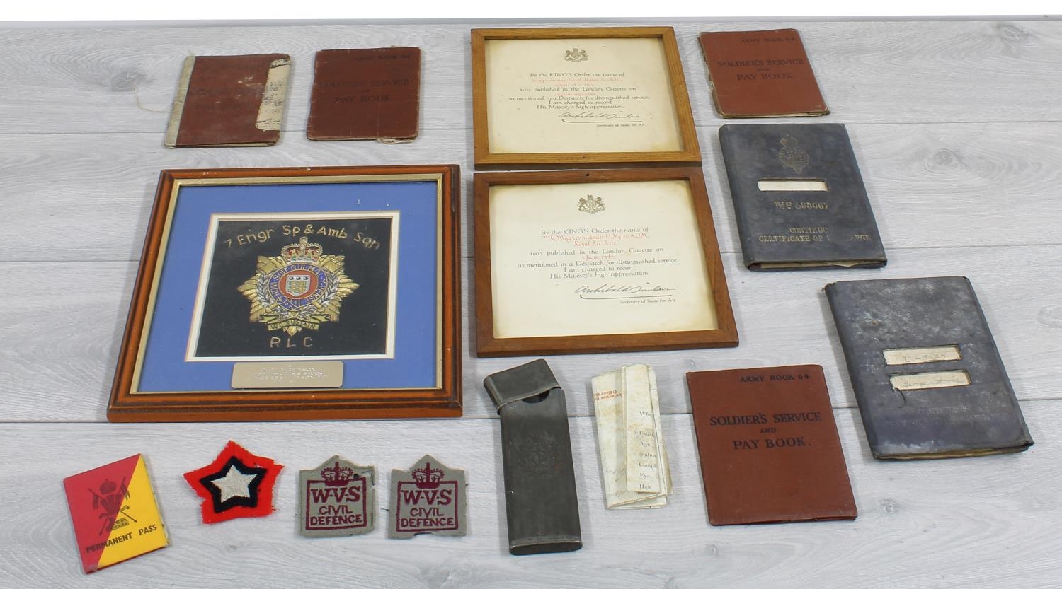 Selected WWII Military ephemera including soldiers service and pay books, certificates of discharge,