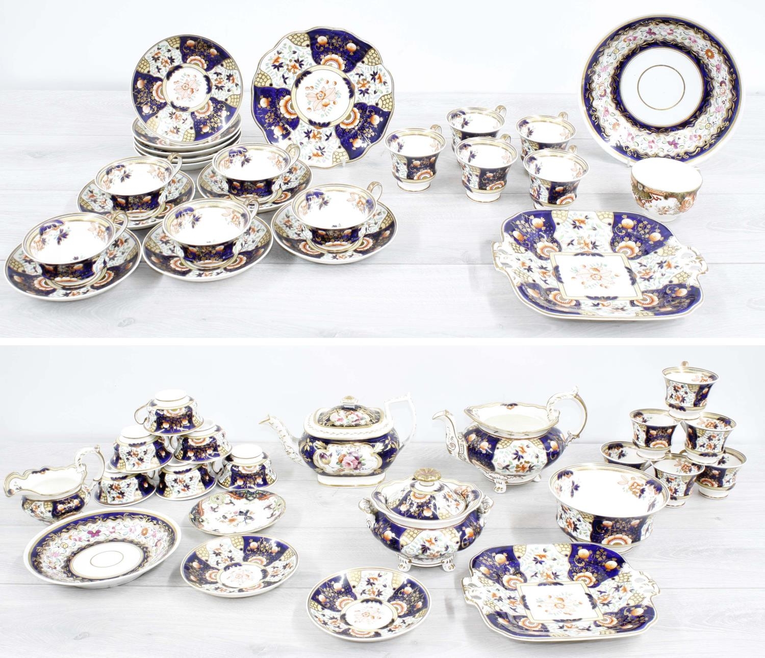 Attractive early 19th century English porcelain tea service painted with flowers within blue and