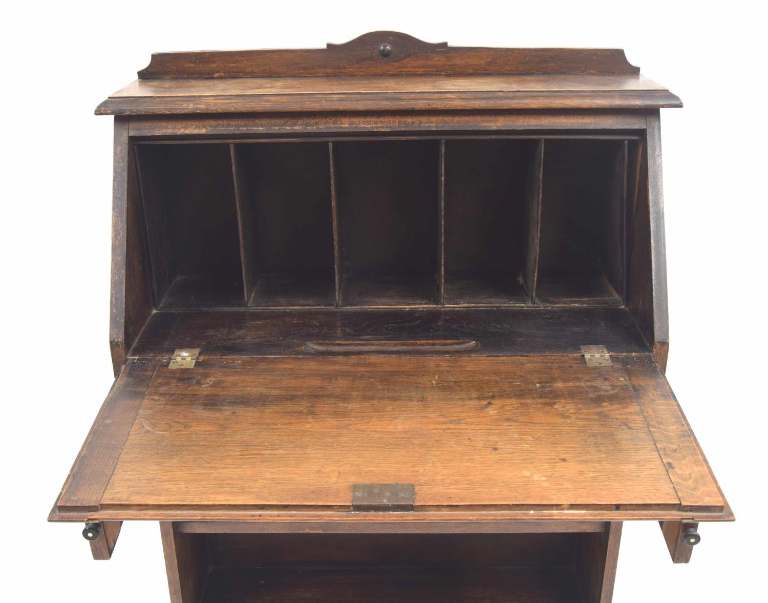 Early 20th century oak escritoire, the raised moulded back over a fall front supported upon lopers - Image 2 of 2