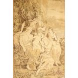 Large tapestry wall hanging decorated with classical figural scene in a garden, 84" x 62"