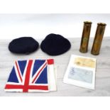 Pair of brass gun shell 'trench art' vases, 8.5" high; Union Flag, two Naval berets, one applied