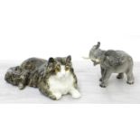 Large hand made pottery glazed figure of a recumbent cat by Mike Minton, 15" long; together with a
