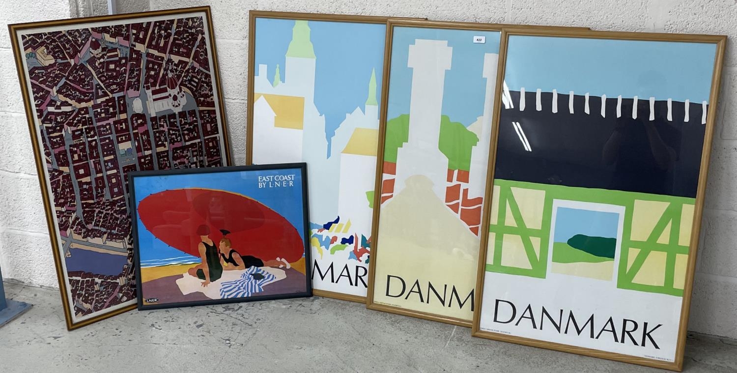 Five colorful travel posters - "East Coast by L.N.E.R", three of Denmark, and one for Florence, 18.