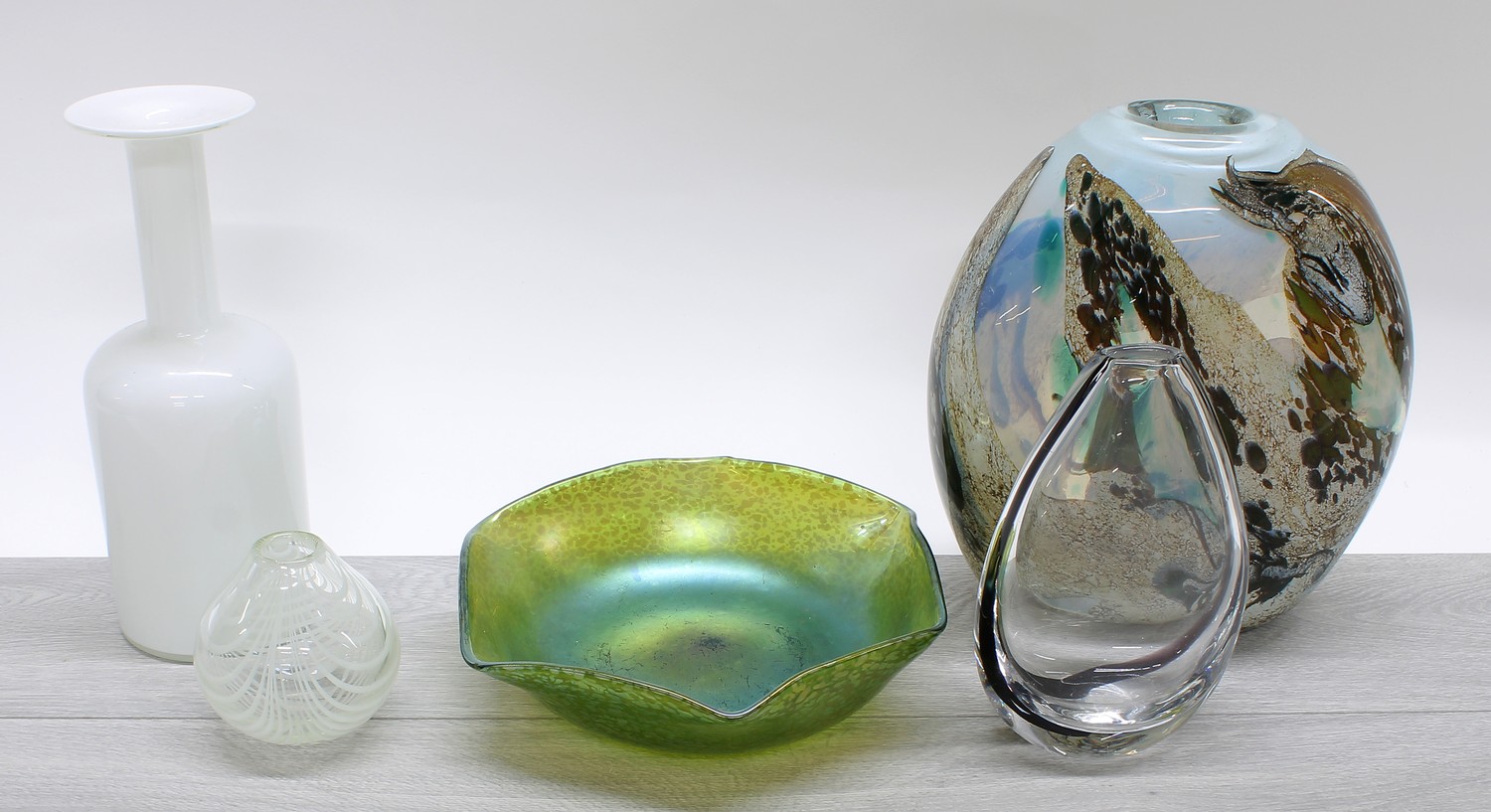 Small selection of Art glassware including an hexagonal iridescent green glass vase in the manner of