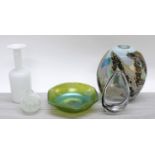 Small selection of Art glassware including an hexagonal iridescent green glass vase in the manner of