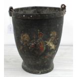 19th century leather fire bucket decorated with the Royal Coat of Arms, 11.75" high (the strap mount