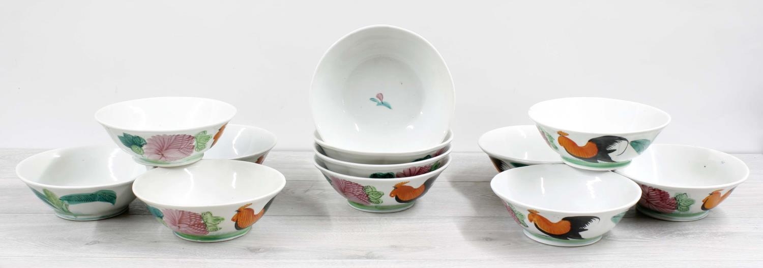 Set of twelve Chinese porcelain bowls decorated with cockerel and flowers, 8" diameter