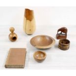 Small selection of treen novelties and collectables including yew vase signed Paul Brooks, two