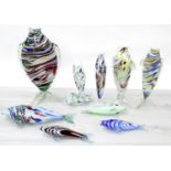 Collection of 'End of Day' mottled glass fish design vases and ornaments, the tallest vase 16"