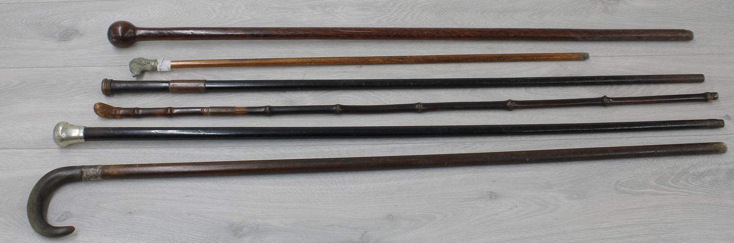 Six vintage walking sticks, including a horn handled crook stick and one applied with a silvered