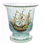 Art glass vase possibly by Pairport, America, with bubble inclusions decorated with shipping scene