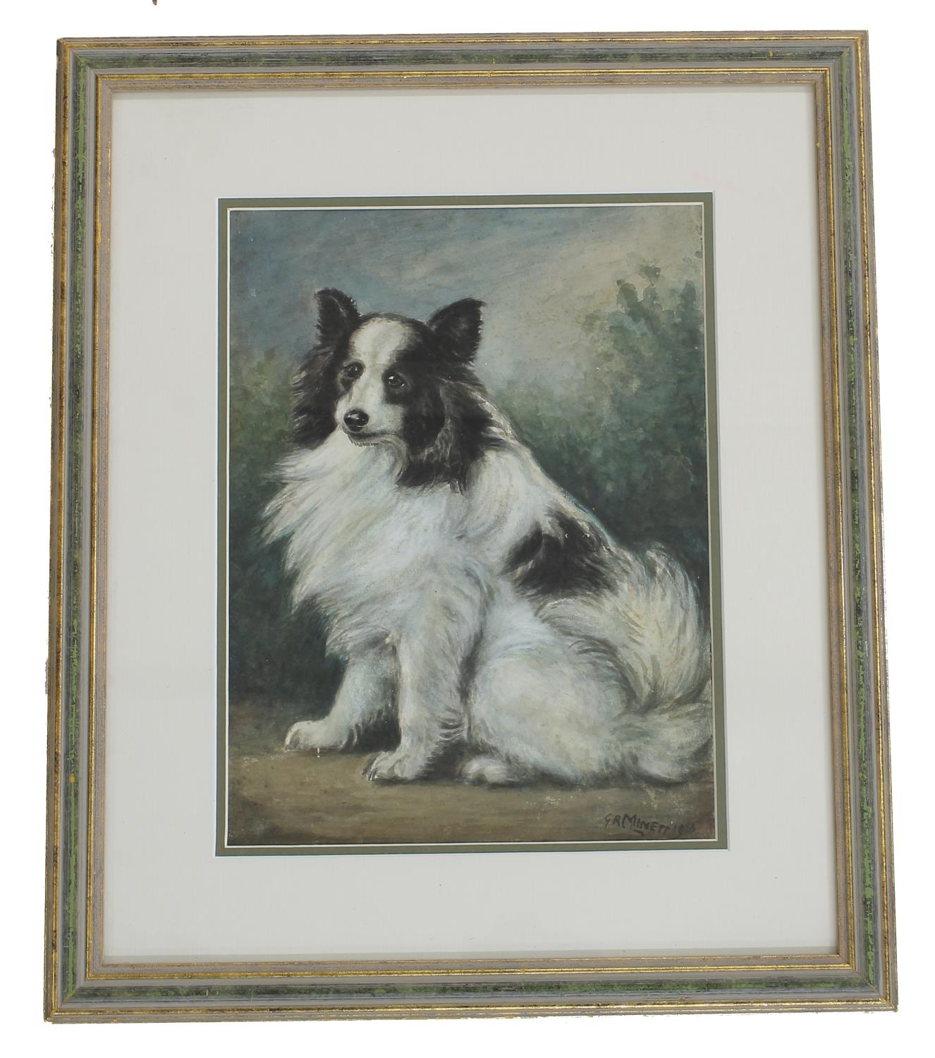 G* R* Minett - study of a seated collie dog, signed and dated 1923, watercolour, 11" x 8"