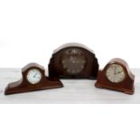 Three vintage wooden cased mantel clocks including an inlaid 8 days example, largest 14" wide, 9.