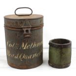 19th century cylindrical storage container of local interest, inscribed ''Col'n Methuen 'Headquarter